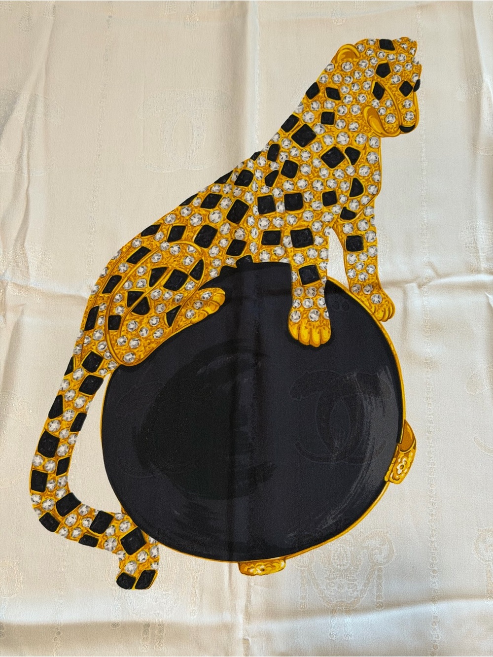 Cartier Silk Scarf in Black, White & Gold with Leopard Motif - Picture 3 of 5